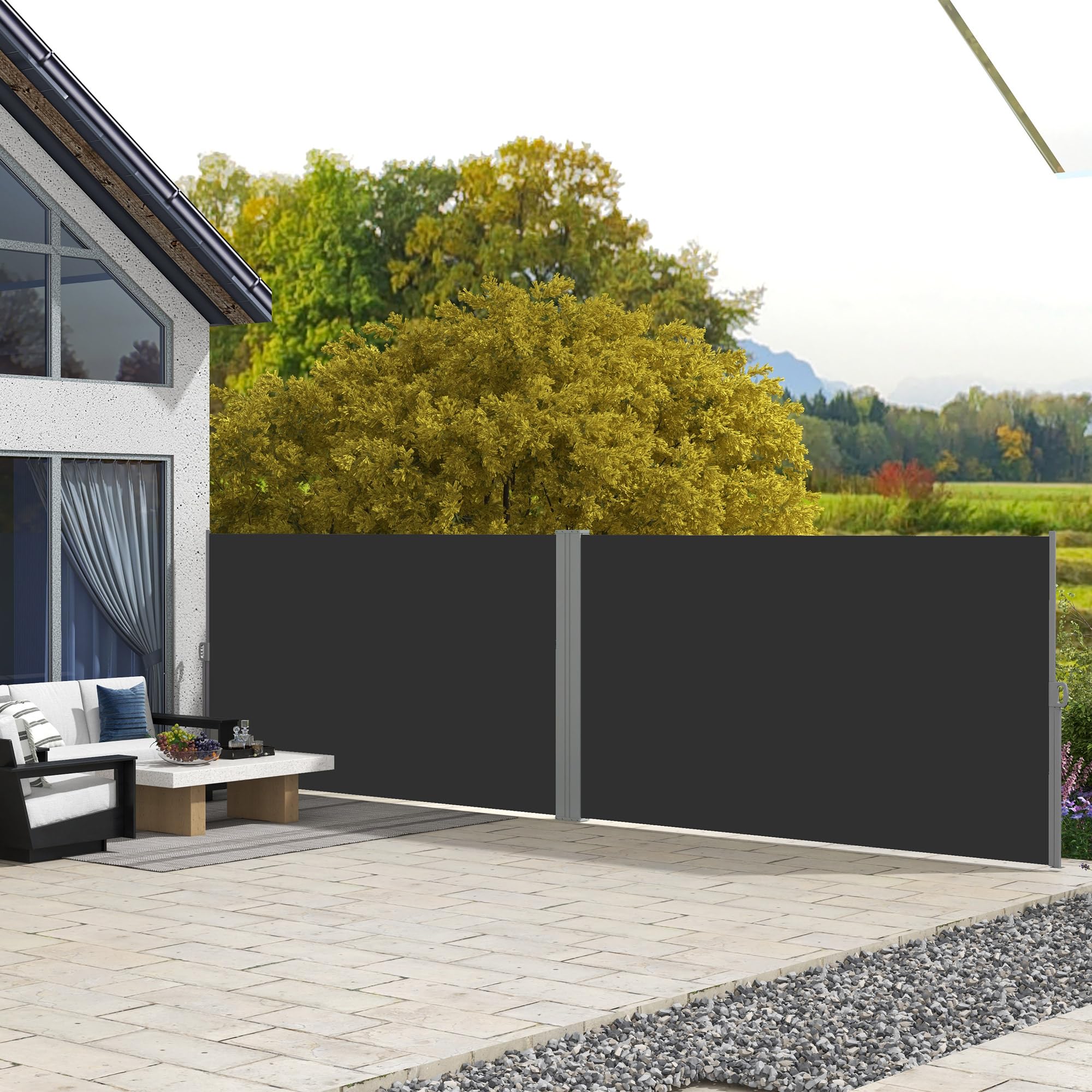 Outsunny Double Store Latéral Brise-Vue paravent 6L x 1,80H m Gris et Noir | Rétractable, Polyester Anti-UV, Haute Densité 180 g/m²