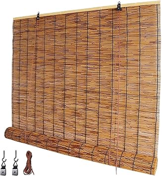 Bamboo Blackout Blinds Natural Reed Roll Up Window Blind, Cordless Outdoor Bamboo Roller Shades for Patio, Roman Bamboo Curtain for Privacy UV Protection 30 38 46 52 60 66 70 76in width30x48 in WxH
