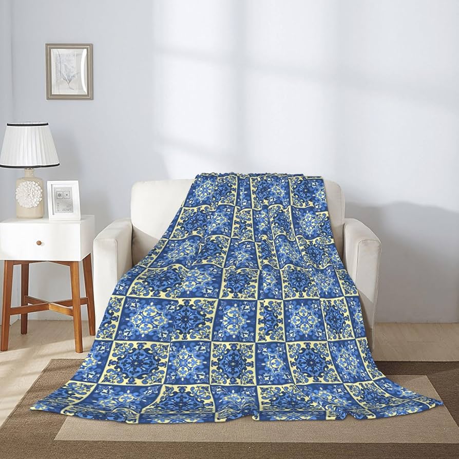 Amazon｜タオルケット・パッチワークのシームレスな花柄、ブルー