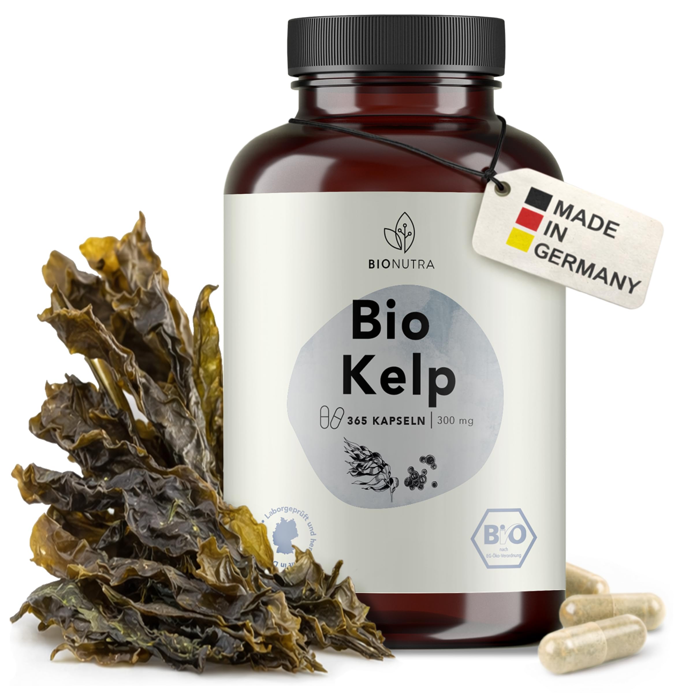 BIONUTRA® Gélules d’iode bio hautement dosées – issues de kelp brun bio d’Écosse, 200 µg/jour, contrôlées résidus, fabrication allemande, véganes, sans additifs, 365 gélules x 300 mg