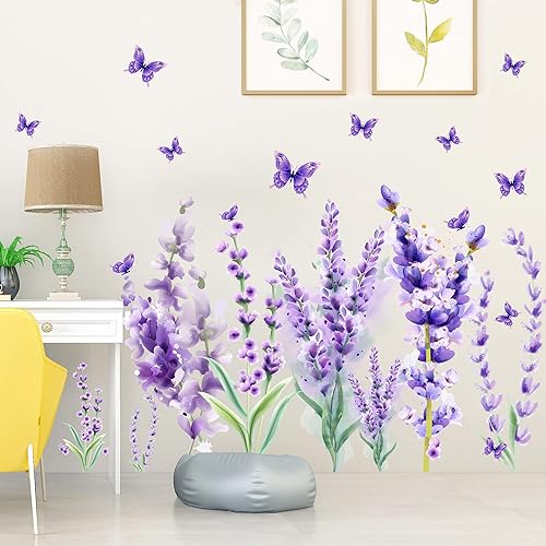 Removable Purple Lavender Wall Decals Purple Flowers Butterfly Wall Stickers