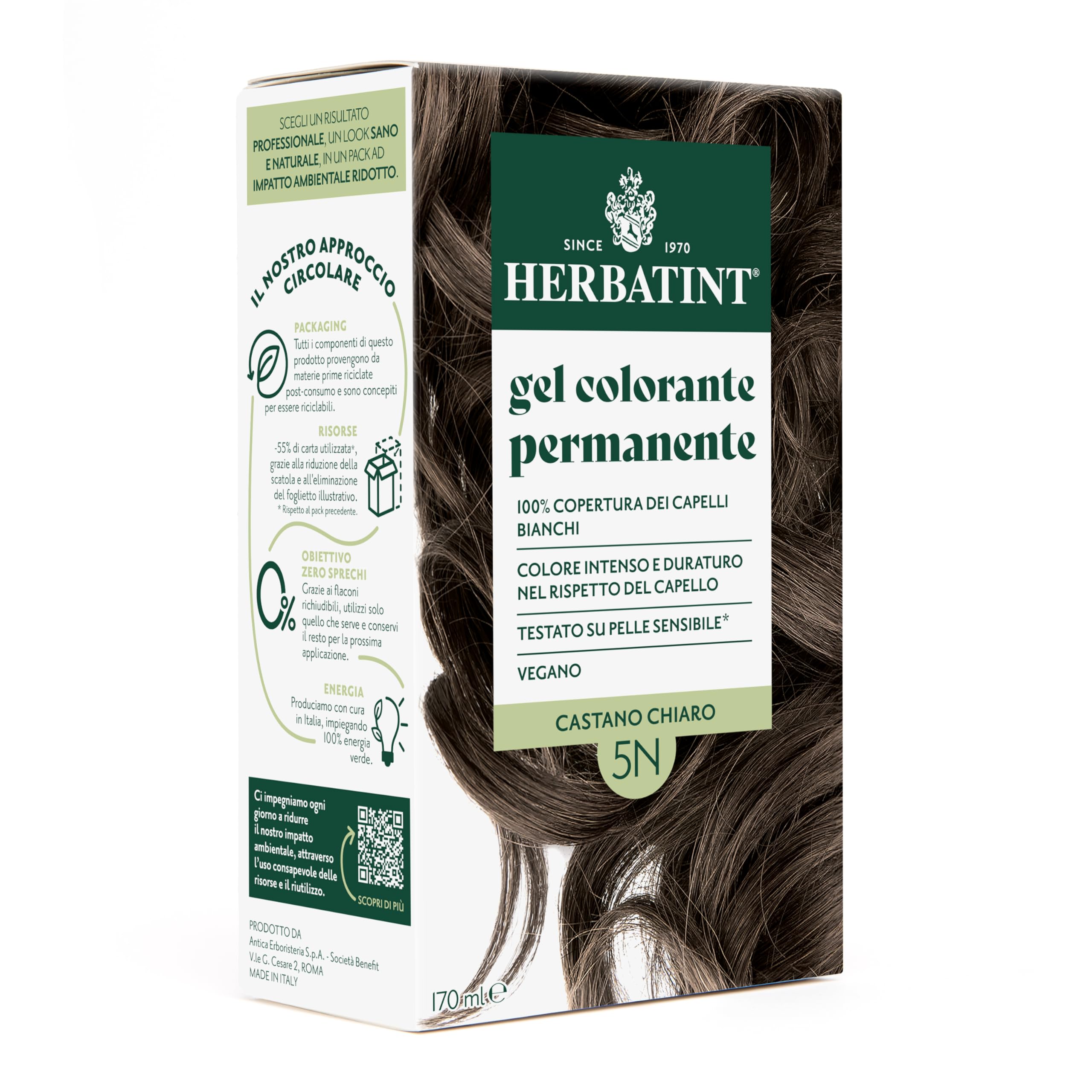 Herbatint Trwały żel do farbowania włosów 5N jasnobrązowy - 170 ml | bez amoniaku, 100% białe włosy | dla wrażliwej skóry, z 8 naturalnymi ekstraktami organicznymi
