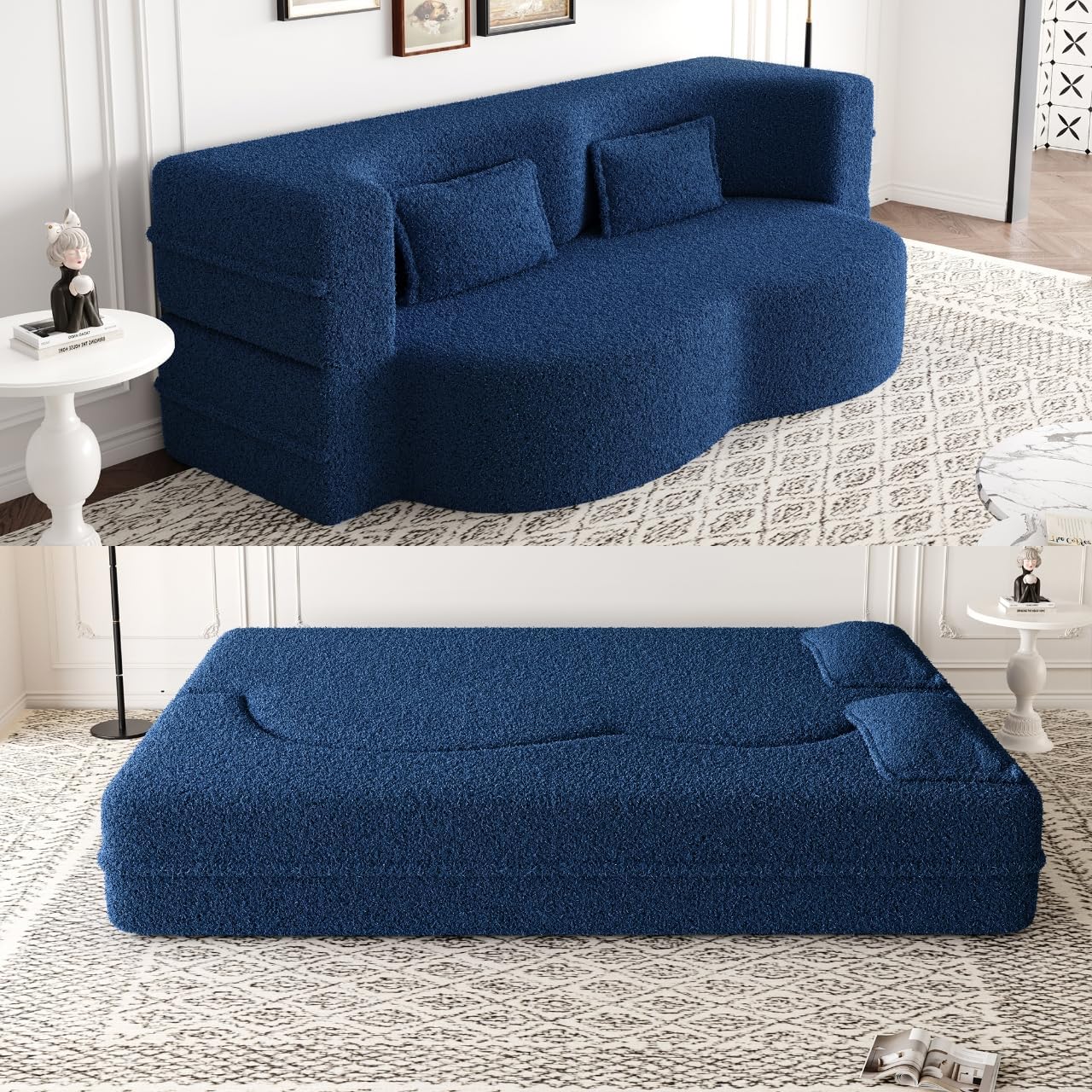 78" Folding Sofa Bed, 2 in 1 Convertible Fold Out Floor Couch, Comfy Teddy Futon Loveseat Sofa Couches with 2 Pillows, Modern Full Foam Mattress Sleeper Sofas for Living Room, Apartment, Blue