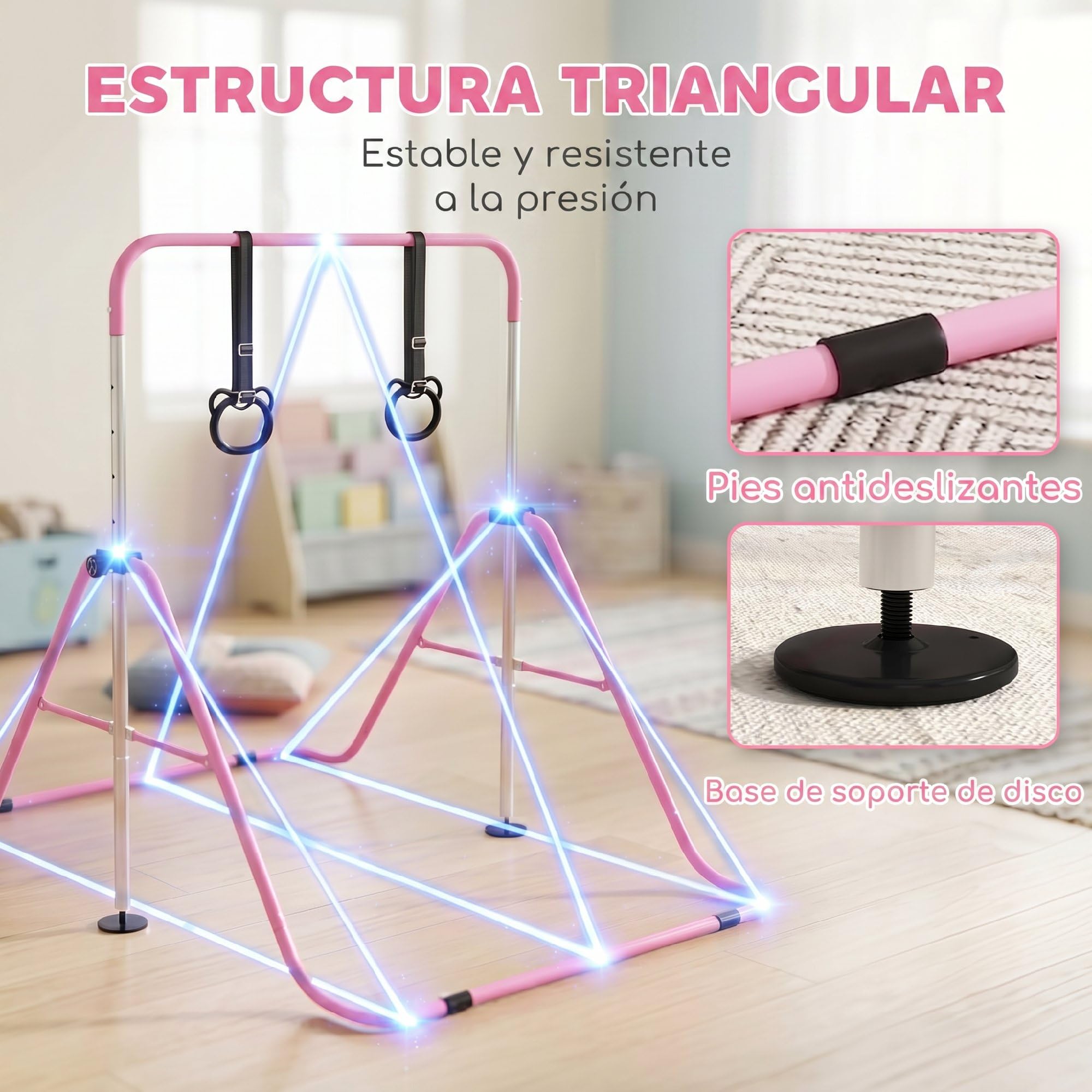 HOMCOM Barra de Gimnasia Plegable para Niños con Altura Ajustable 5 Niveles y Anillos