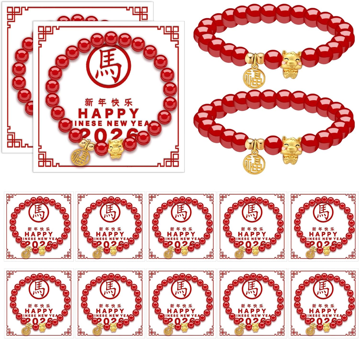 12 Sets 2026 New Year of Horse Beaded Charm Bracelets with Card Golden Horse Pendant Bracelet Chinese Zodiac Feng Shui Lucky Amulet Stretch Wristband for Women Men New Year Gifts