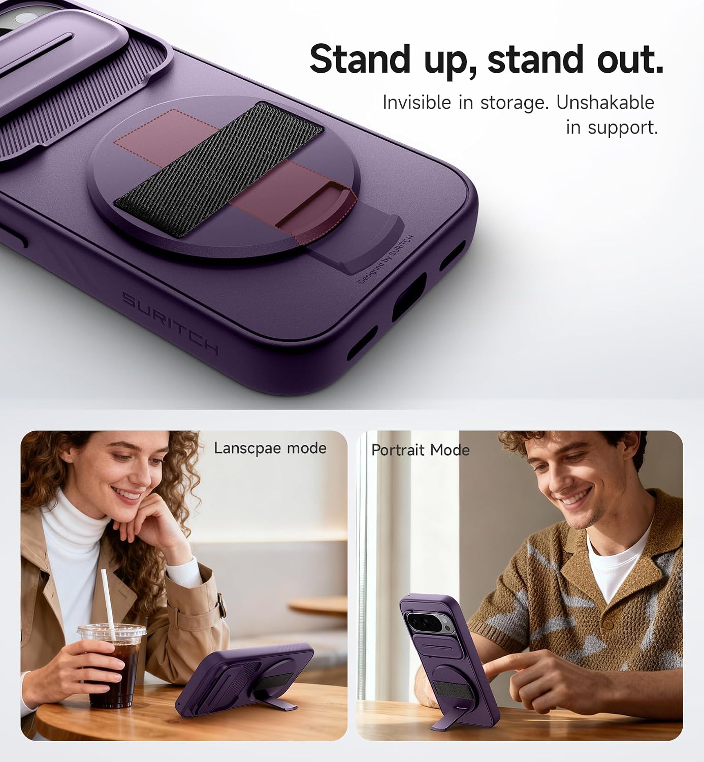 SURITCH for Google Pixel 10 Pro XL Case with 360° Rotatable Hand Strap Phone Grip Holder & Invisible Kickstand & Slide Camera Cover, Protective Cover for Pixel 10 Pro XL -Dark Purple