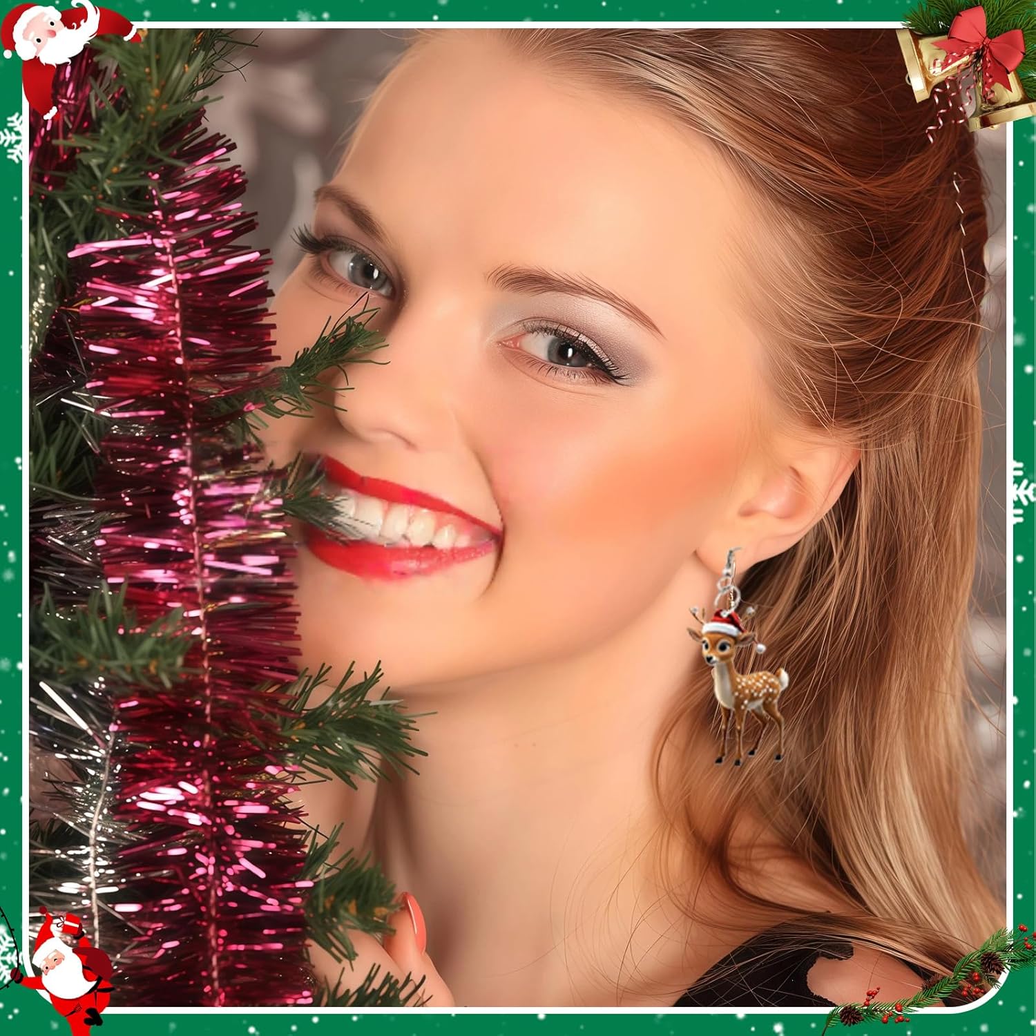 Christmas Earrings Cute Red Hat Deer Drop Dangle Earrings - Image 3