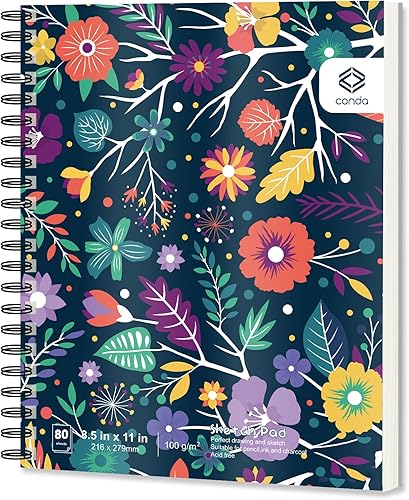 Miniatura 8 de CONDA Cuaderno de bocetos de 9 x 12 pulgadas, bloc de bocetos con espiral superior, 100 hojas (60 lb/90 GSM), papel de bocetos duradero libre