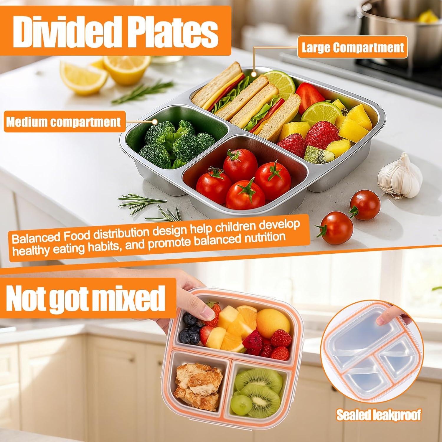 Palksky Stainless Steel Toddler Plates with Lids - 3-Pack Divided Baby Plates for Portion Control, Microwave & Dishwasher Safe Easy-Clean Lunch Trays