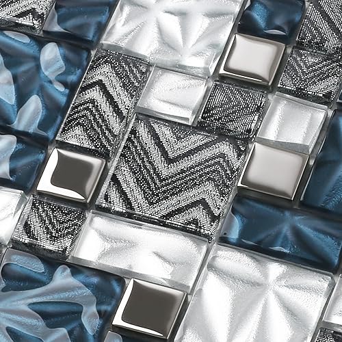 Miniatura 2 de Azulejo de vidrio azul blanco para cocina, baño, pared contra salpicaduras, mosaico con patrón de Versalles Juego de 5