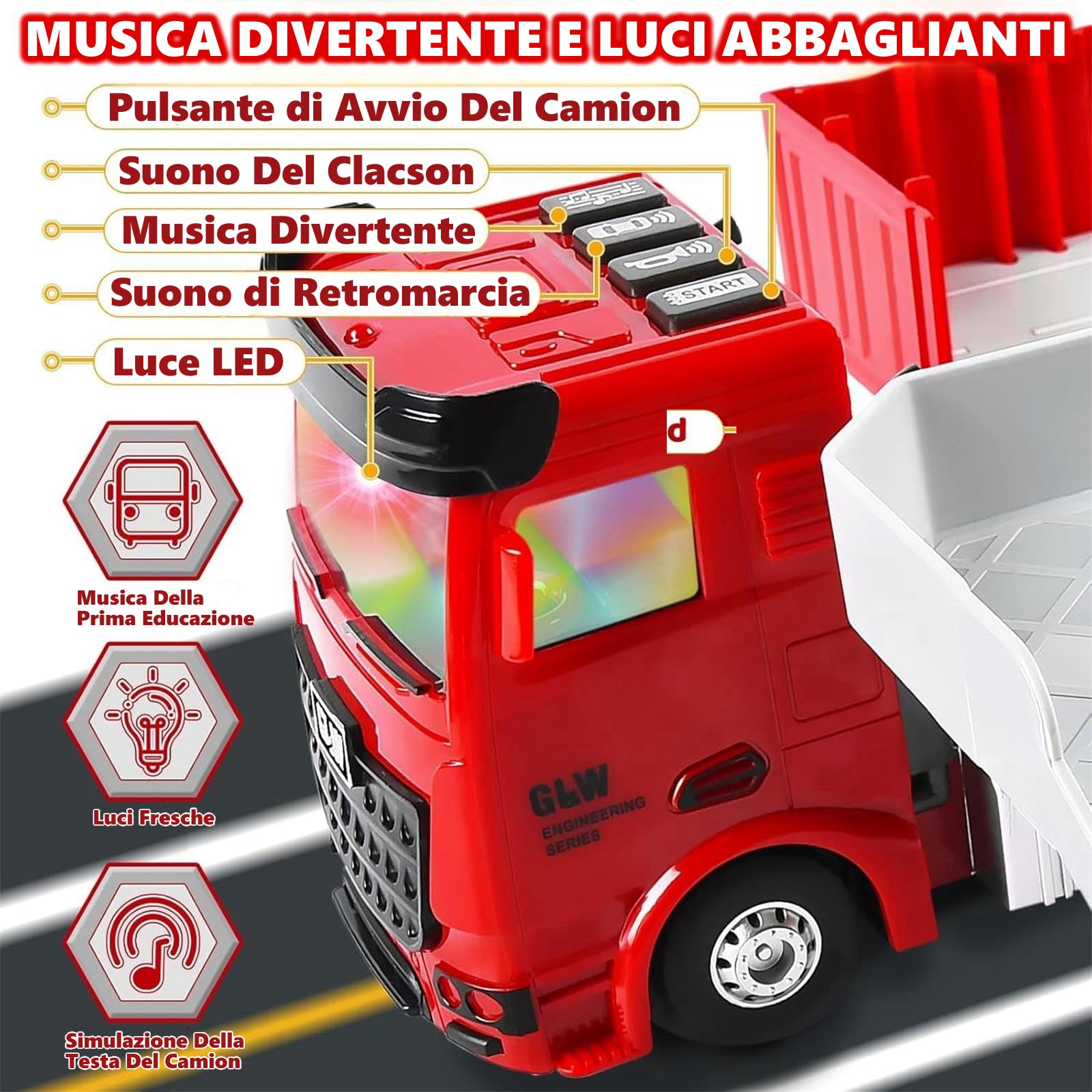 Camion Pompieri per Bambini, Veicoli da Cantiere, Veicolo Giocattolo da Trasporto con Musica e Luci, 6 Mini Camion Pompieri, Giocattolo Della Gru