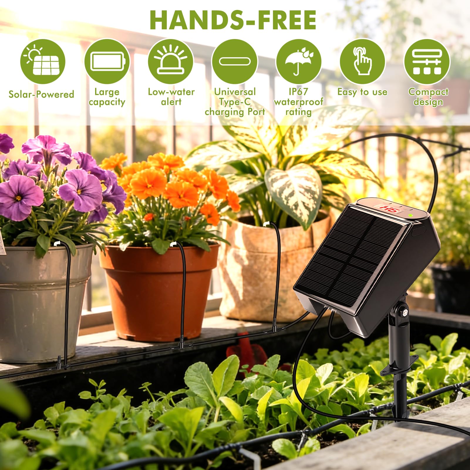 Nikou Solar Bewässerungssystem, Automatische Garten Tröpfchenbewässerung mit Timer, Wassersensor und 15M Schlauch, Selbstbewässerungsgeräte für Garten, Pflanzen, Kübelpflanzen im Freien