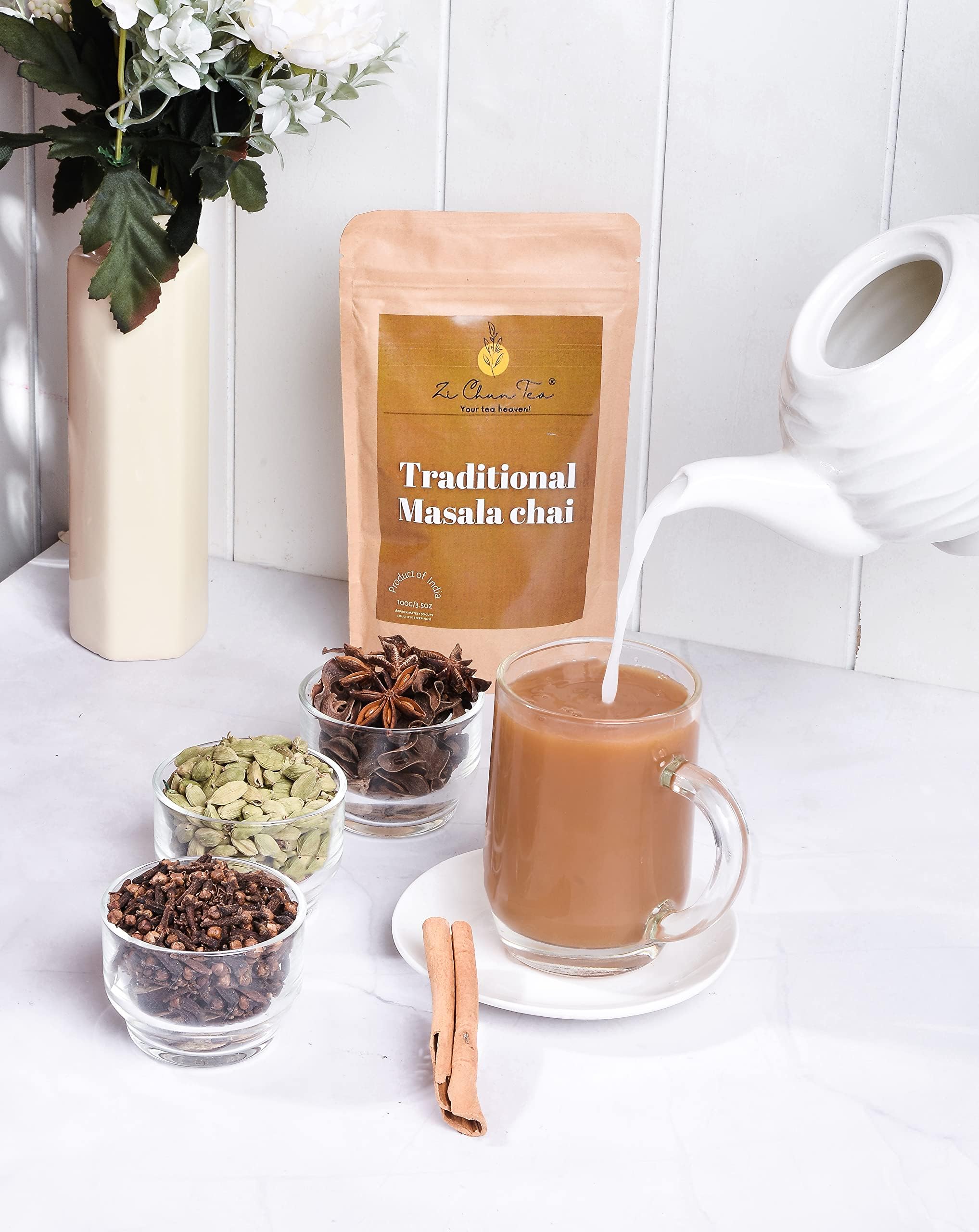 Zi Chun Tea - Masala Chai Loose Leaf Blend | A Traditional Bold and Spicy Mix with Cardamom Cinnamon Ginger Cloves – 3.5oz