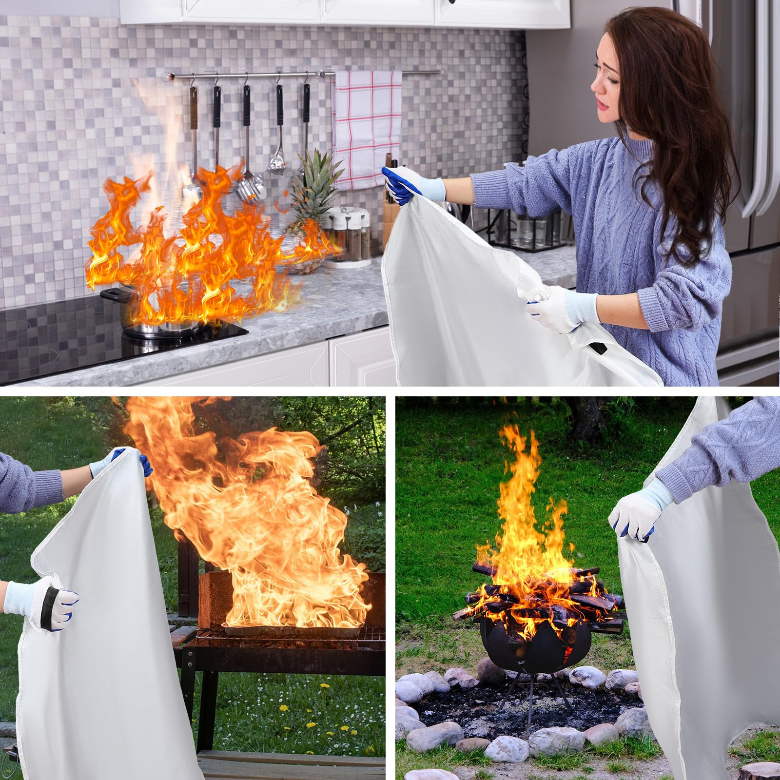 Copkim Paquete de 4 mantas ignífugas para el hogar y la cocina, 47 x 47 pulgadas, manta de emergencia para supresión de incendios de fibra de vidrio con gancho, guantes, silbatos, manta de seguridad