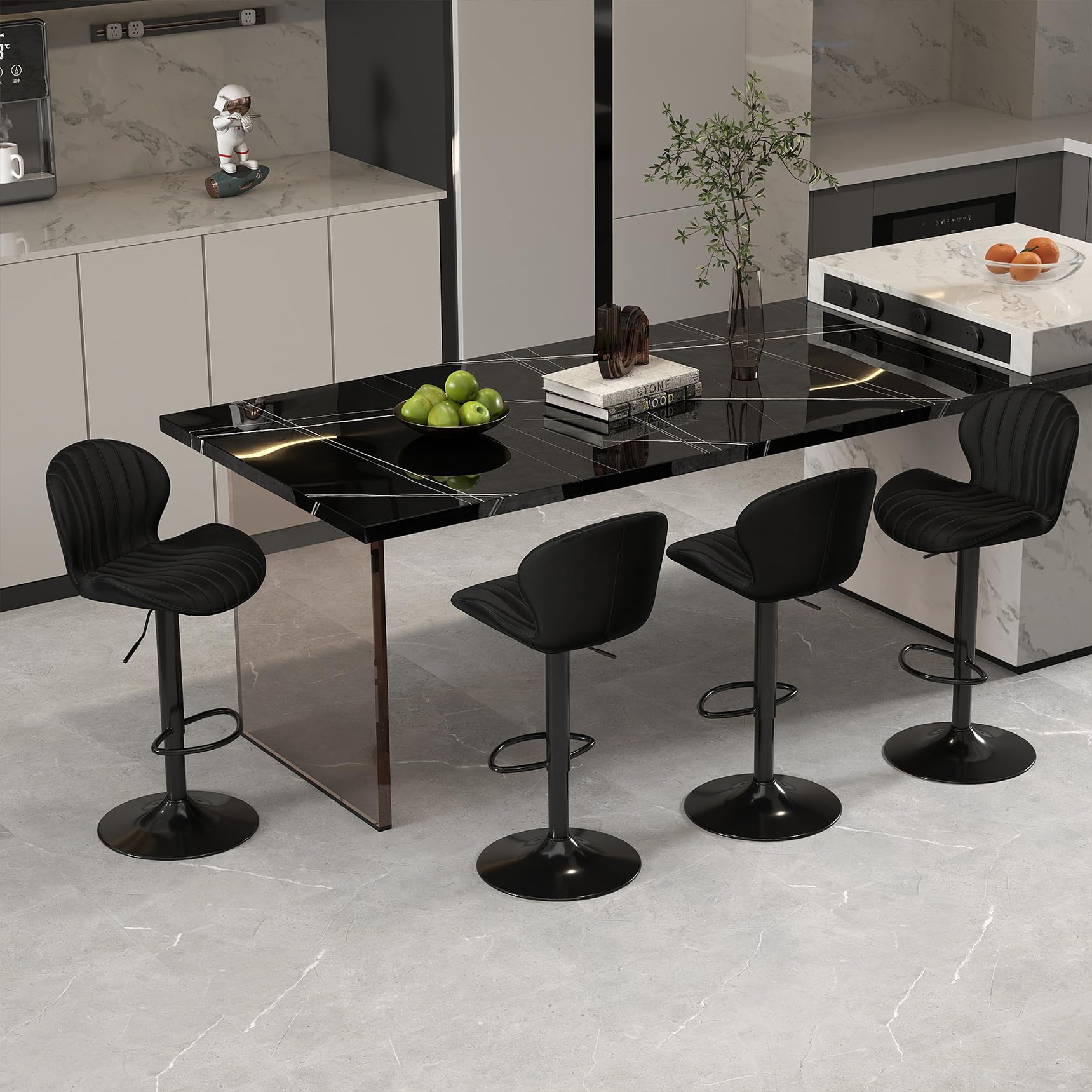 Youhauchair Modern Bar Stools Set of 4, Velvet Height Adjustable Swivel Barstools, Armless Kitchen Island Counter Chairs with Back & Footrest, Black