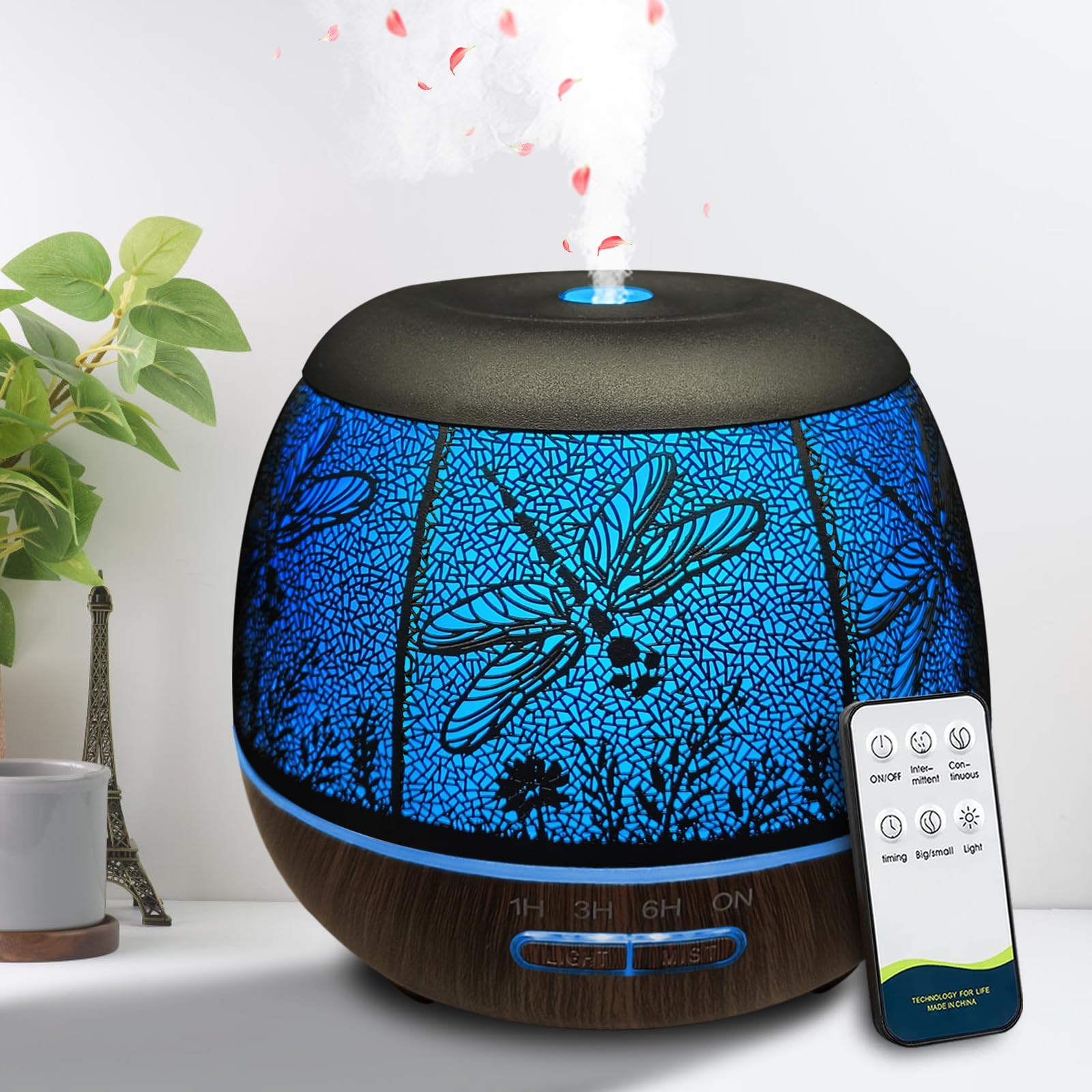 Photo 1 of ***NO REMOTE & POWER CORD -SELLING AS IS *** Roonbo Diffusers for Essential Oils Large Room 400ml,Essential Oil Diffuser for Home with R/C,Cool Mist Humidifiers for Bedroom,7 Colors Changed & 3 Mist Mode Waterless Auto Off for Decor Dragonfly