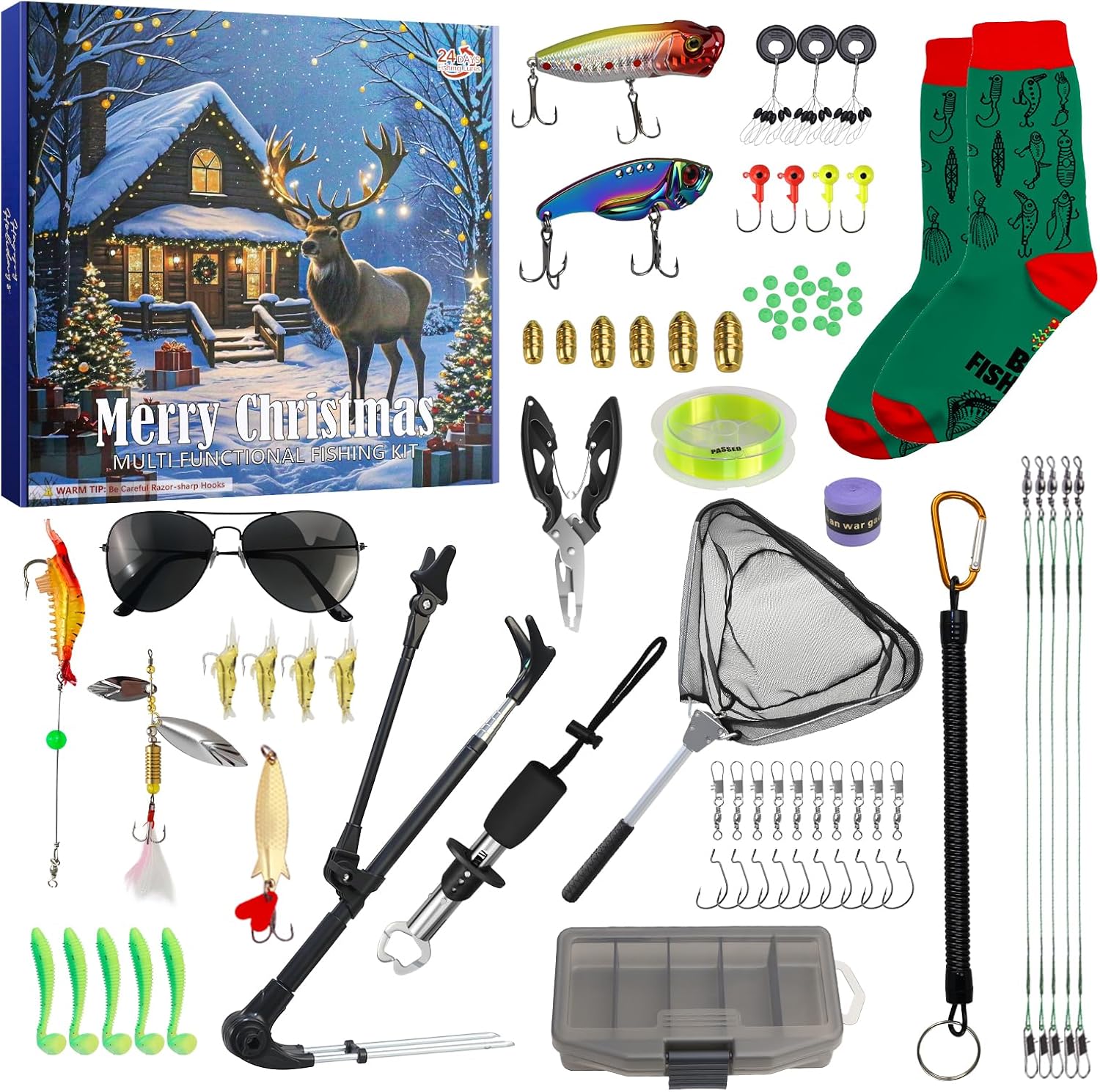 Fishing Advent Calendar 2025, 24 Days Fishing Tackle Advent Calendar, 20+ Pieces with Lures, Hooks, Accessories and Storage Box