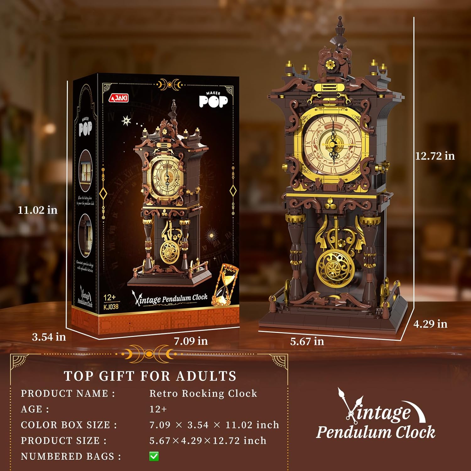 Vintage Swing Clock Building Blocks Set, Real Working Moving Pendulum & Rotating Dial, Mechanical Building Blocks Toys, Gift for Adults Teens Girls Boys 12+, Retro Steampunk Home Decor