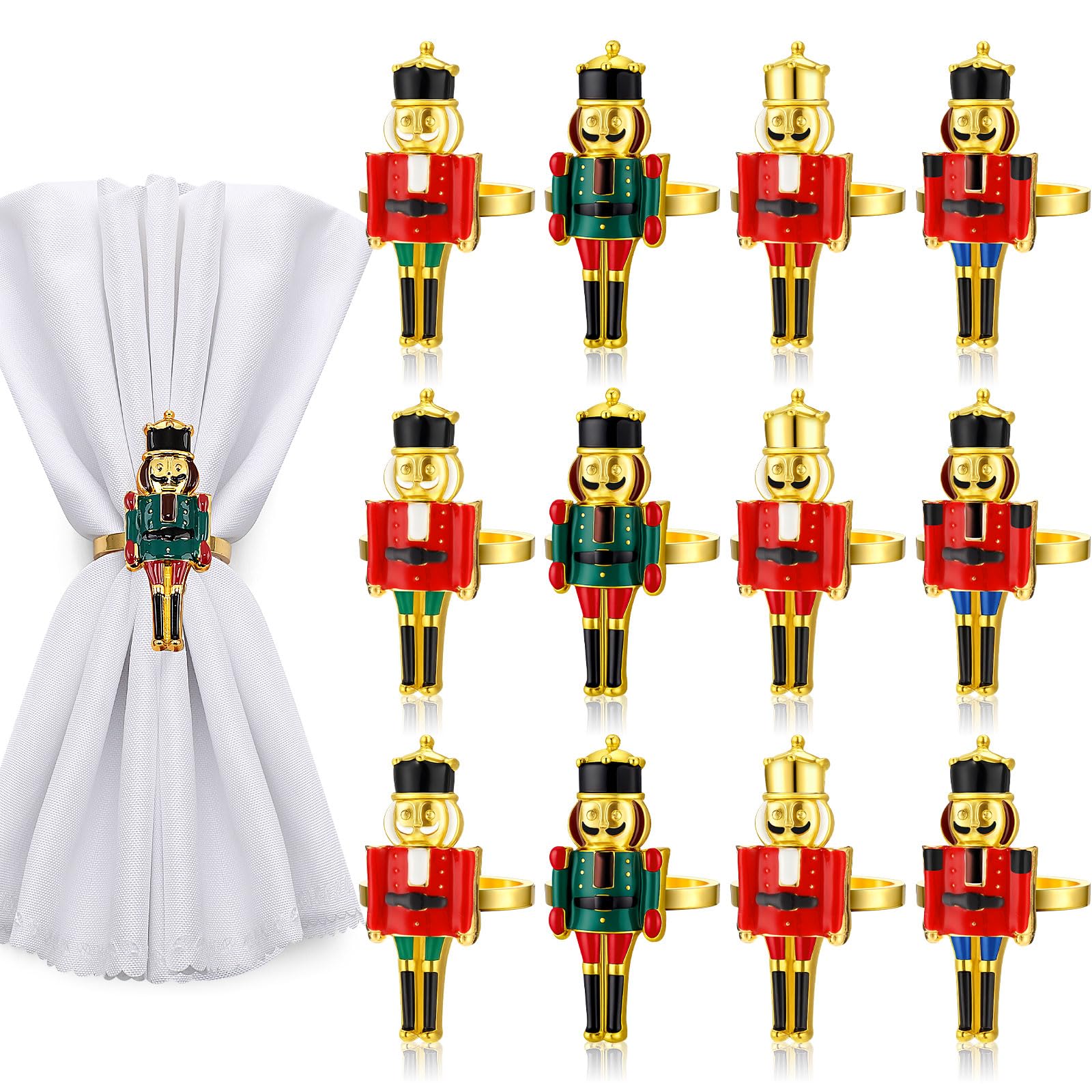 Lot de 12 ronds de serviette de Noël en métal avec boucle de soldat de Noël pour décoration de table de Noël, mariage, fête vintage (roman)