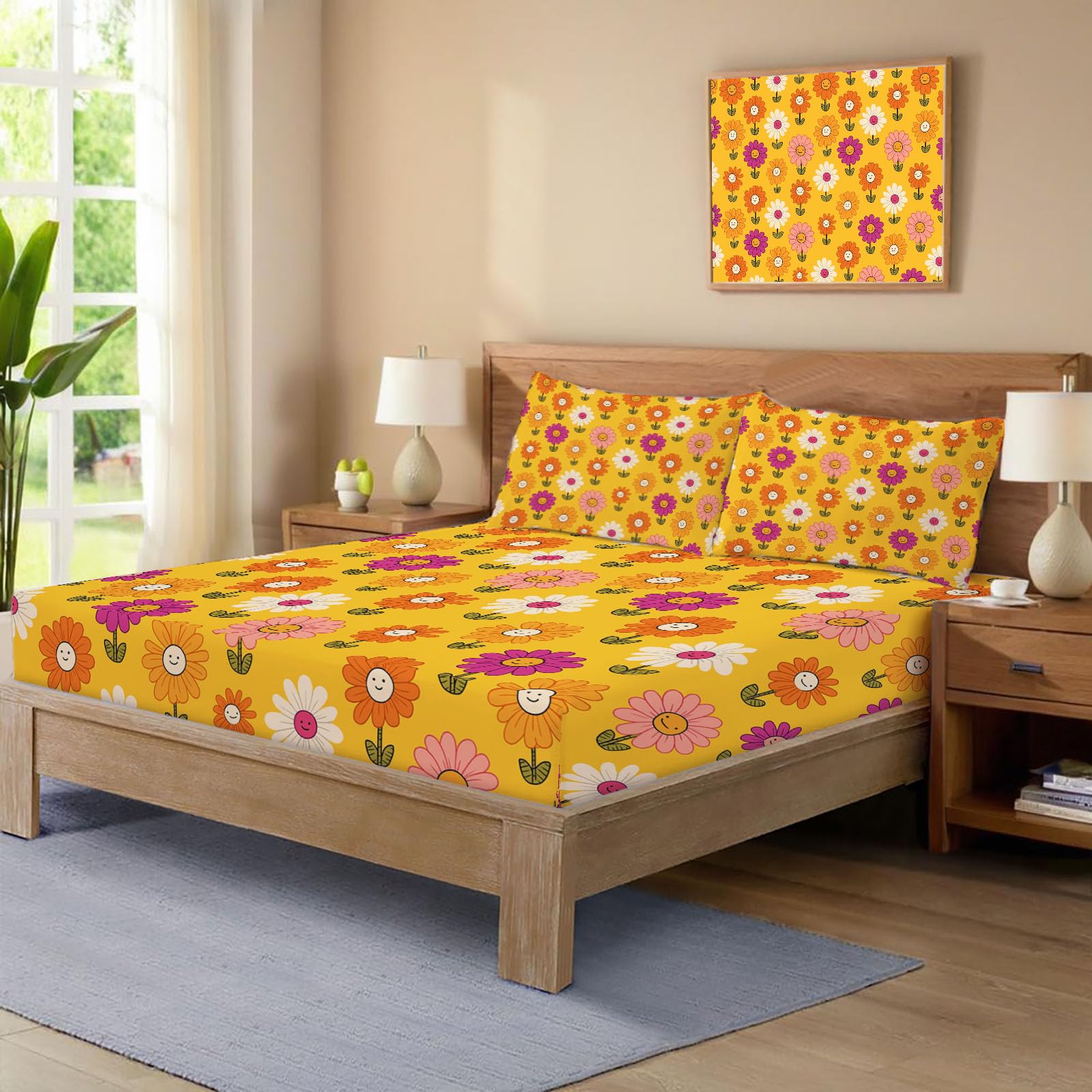 Sábanas 200X190/200Cm - Juego De Sábanas 3 Piezas Estampadas Flores Dibujos Animados - Microfibra Suave Transpirable - Sábana Bajera Ajustable - Ropa De Cama Plantas Interesantes (Naranja Cítrica)