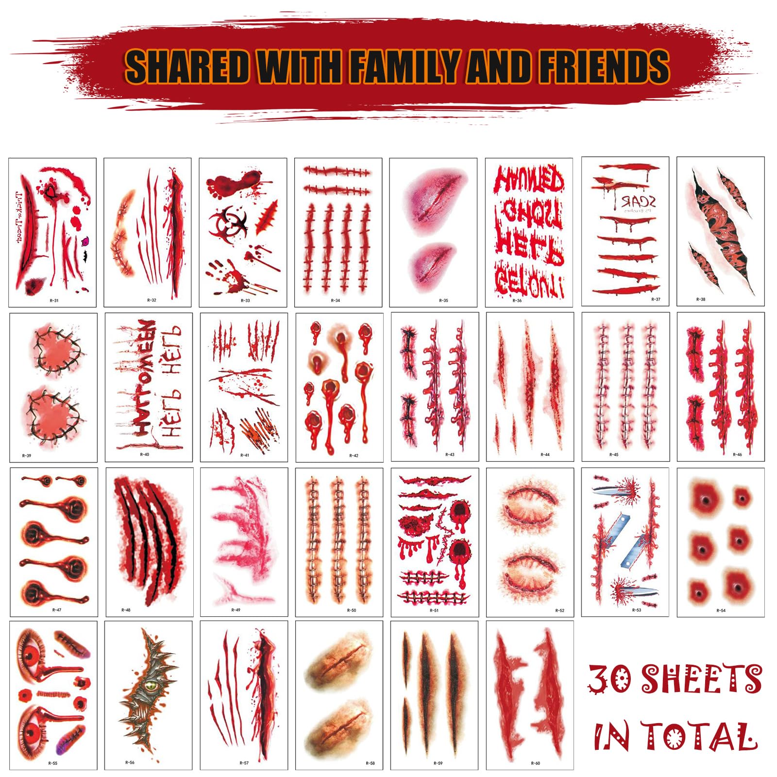 30 Sheets Halloween Temporary Tattoos Stickers Zombie Tattoo Halloween Cosplay Temporary Tattoo Sca Tattoos with Fake Scab Wound Halloweens Face Stickers Special Fx Costume Makeup Props - Image 3