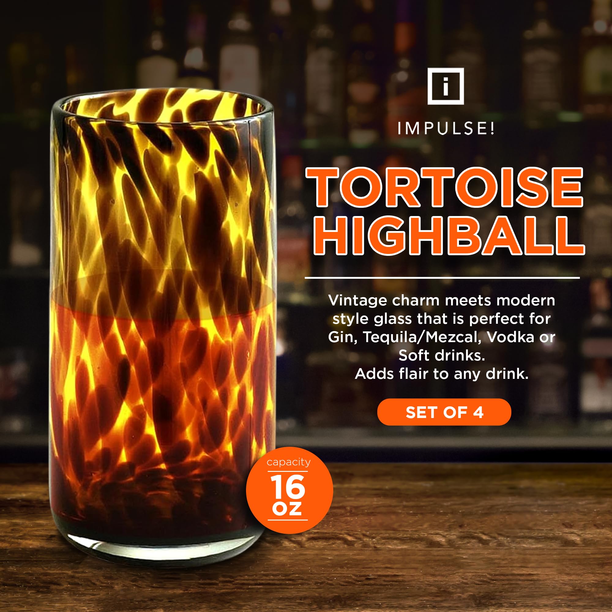IMPULSE! Highball Gläser 4er Set – 473 Ml, Schildpatt-Leopardenmuster, Spülmaschinenfest