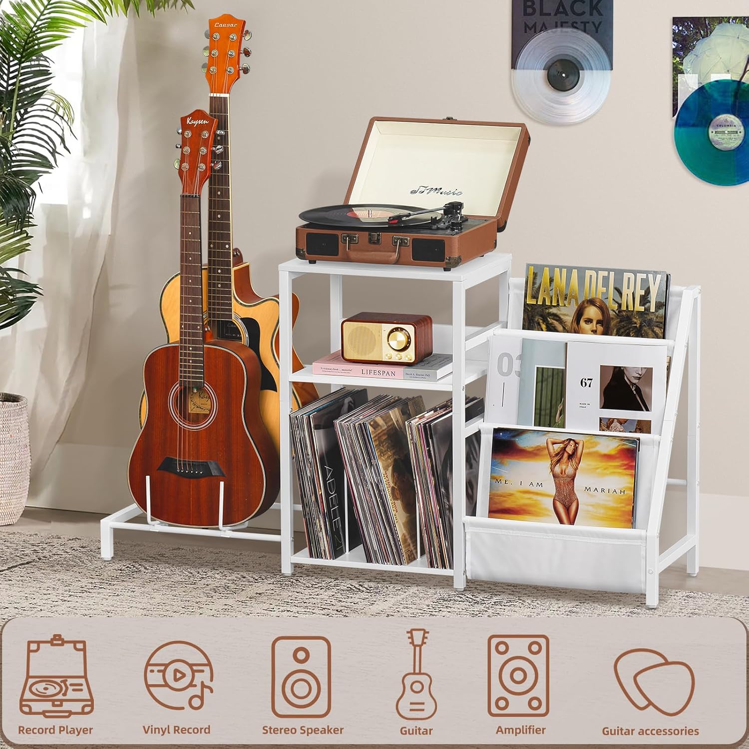 LELELINKY Record Player Stand, Black Adjustable Guitar Stand for Acoustic Guitar, Electric Guitar, Bass, Turntable Stand with Vinyl Display Shelf Storage Up to 150 Albums, End Table for Music Room