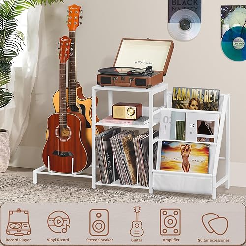 Miniatura 19 de LELELINKY Mesa para tocadiscos, estante giratorio con almacenamiento de vinilo de hasta 150 álbumes, mesa auxiliar blanca con estante para libros