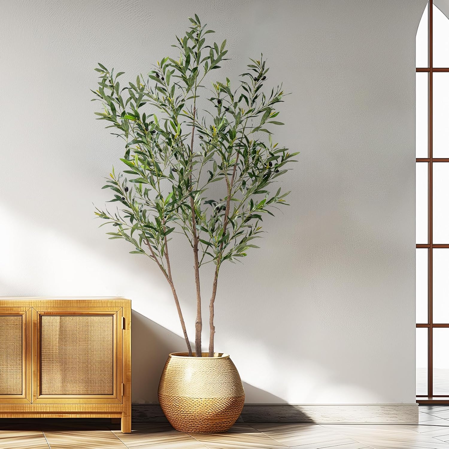 6FT Artificial Olive Tree Tall Faux Silk Plant Tall Faux Olive Tree with Natural Wood Trunk & Lifelike Fruits Fake Potted Tree or Home Office Decor