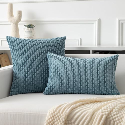 Vista 238 de Kevin Textile - Juego de 2 fundas decorativas para cojines, de pana y con moderno estilo campestre bohemio a rayas para decorar hogar, sofá, cama