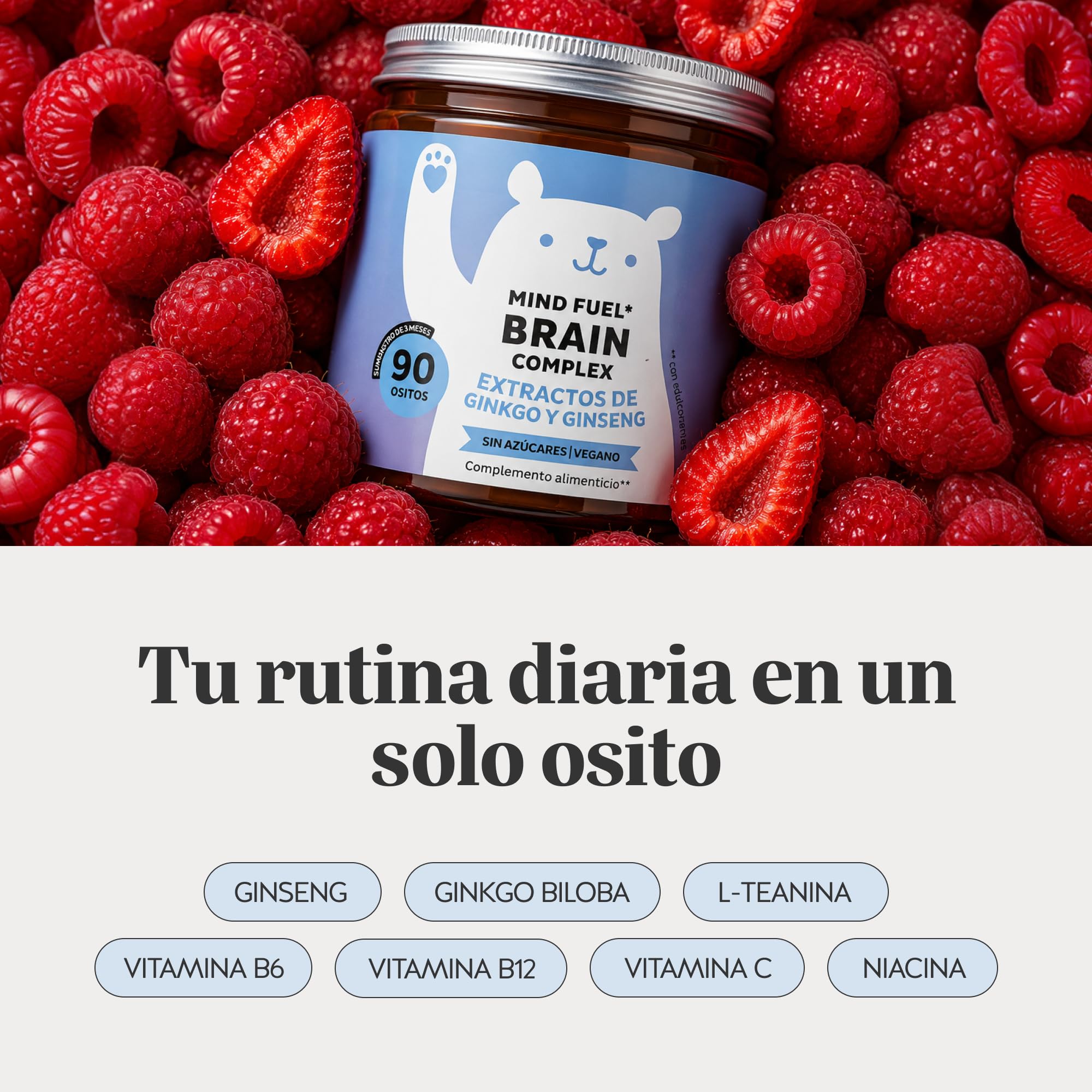 Gummies Concentración & Vitalidad – Ginseng, Ginkgo, L-Teanina, Vitaminas B6, B12, C & Niacina – 90 unidades (3 Meses), Vegano, Sin Azúcar, Bears with Benefits