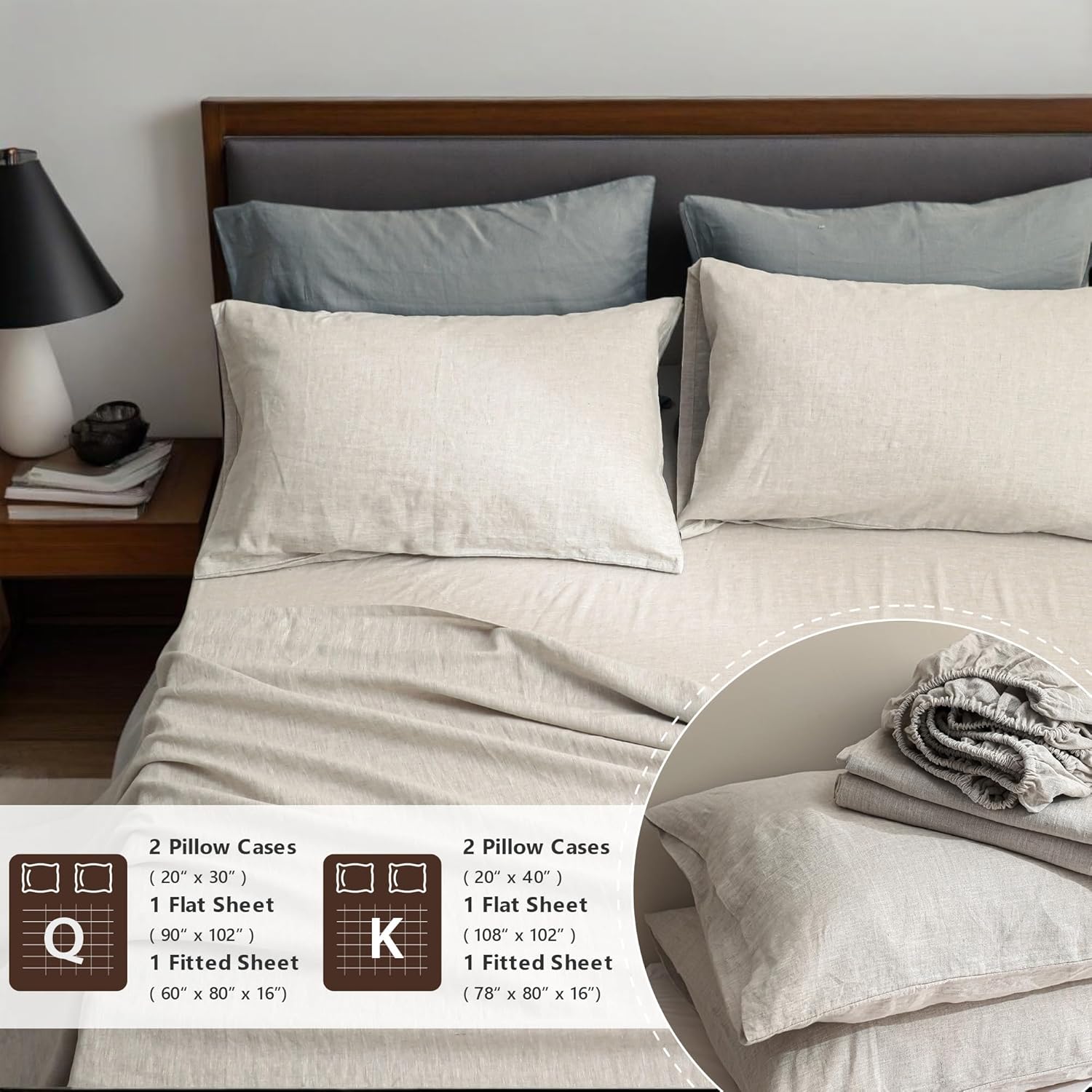 100% Natural Linen Sheets Set 4 Piece - Washed Linen Bedding Set with 16" Deep Pocket Fitted Sheet, Flat Sheet & 2 Pillowcases, Breathable Durable for All Seasons (Linen, Queen) - Image 6