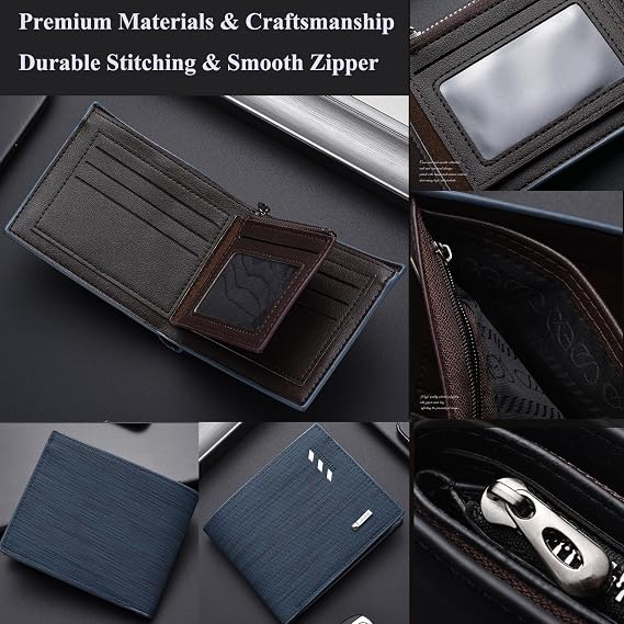FULLBELL Mens Zip Wallet, Large Capacity Leather Business Travel Organizer Wallet for Men with ID Window & Coin Pocket,Blue.