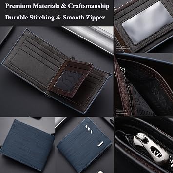 FULLBELL Mens Zip Wallet, Large Capacity Leather Business Travel Organizer Wallet for Men with ID Window & Coin Pocket,Blue.