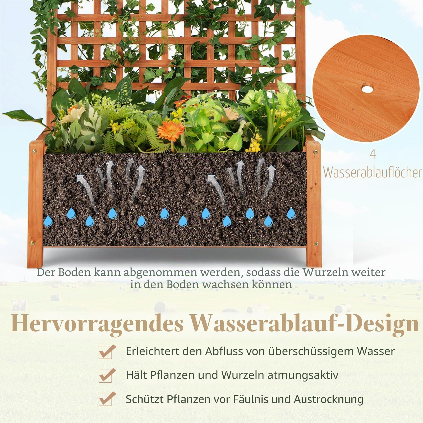 HOMASIS Hochbeet mit Rankgitter & Dach, Blumenkasten mit Spalier & Drainagelöchern, Pflanzkasten Holz, Pflanzkübel Rankkasten Gartenspalier für Balkon, Garten, Terrasse, Orange (75x33x181cm)