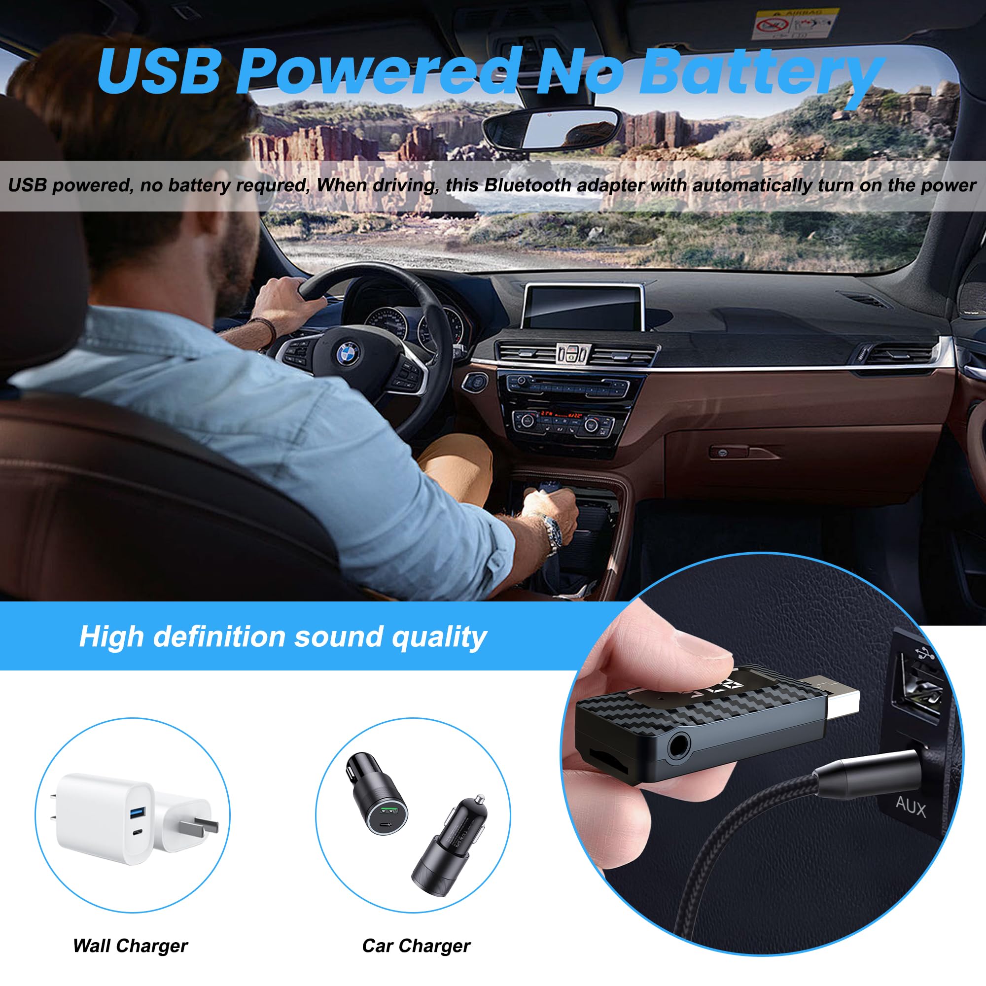 Adattatore Bluetooth USB 5.3 Ricevitore per PC, altoparlanti, autoradio e stereo con 3.5mm AUX