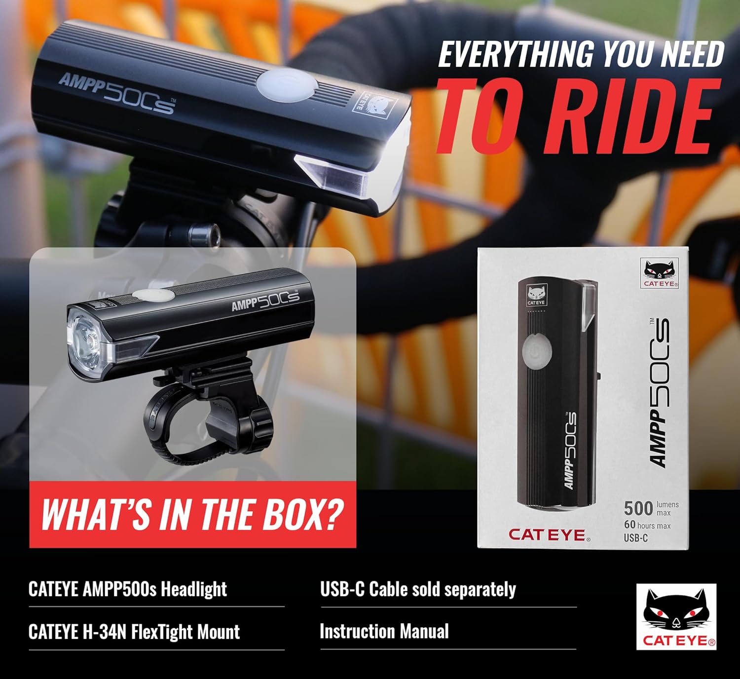 CATEYE AMPP USB Rechargeable Bike Light – High Visibility Super Bright OptiCube™ Headlight for Commuters, Road Cyclists & Mountain Bikers, Day & Night Riding Modes, IPX4 Waterproof, Tough & Durable