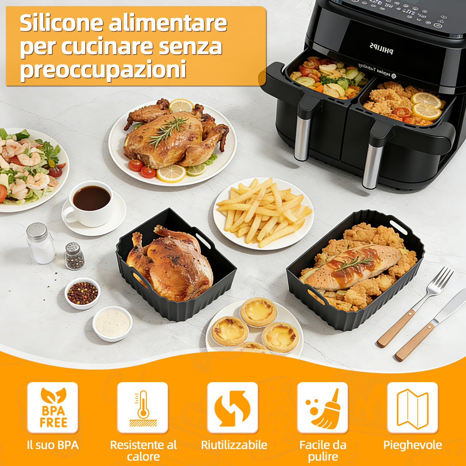 28 Pezzi Teglie Silicone per Friggitrice ad Aria per Philips Air Fryer Serie 1000 Flexi 7.1L, Riutilizzabile Contenitori Friggitrice ad Aria Accessori per Philips Airfryer Flexi NA154/00