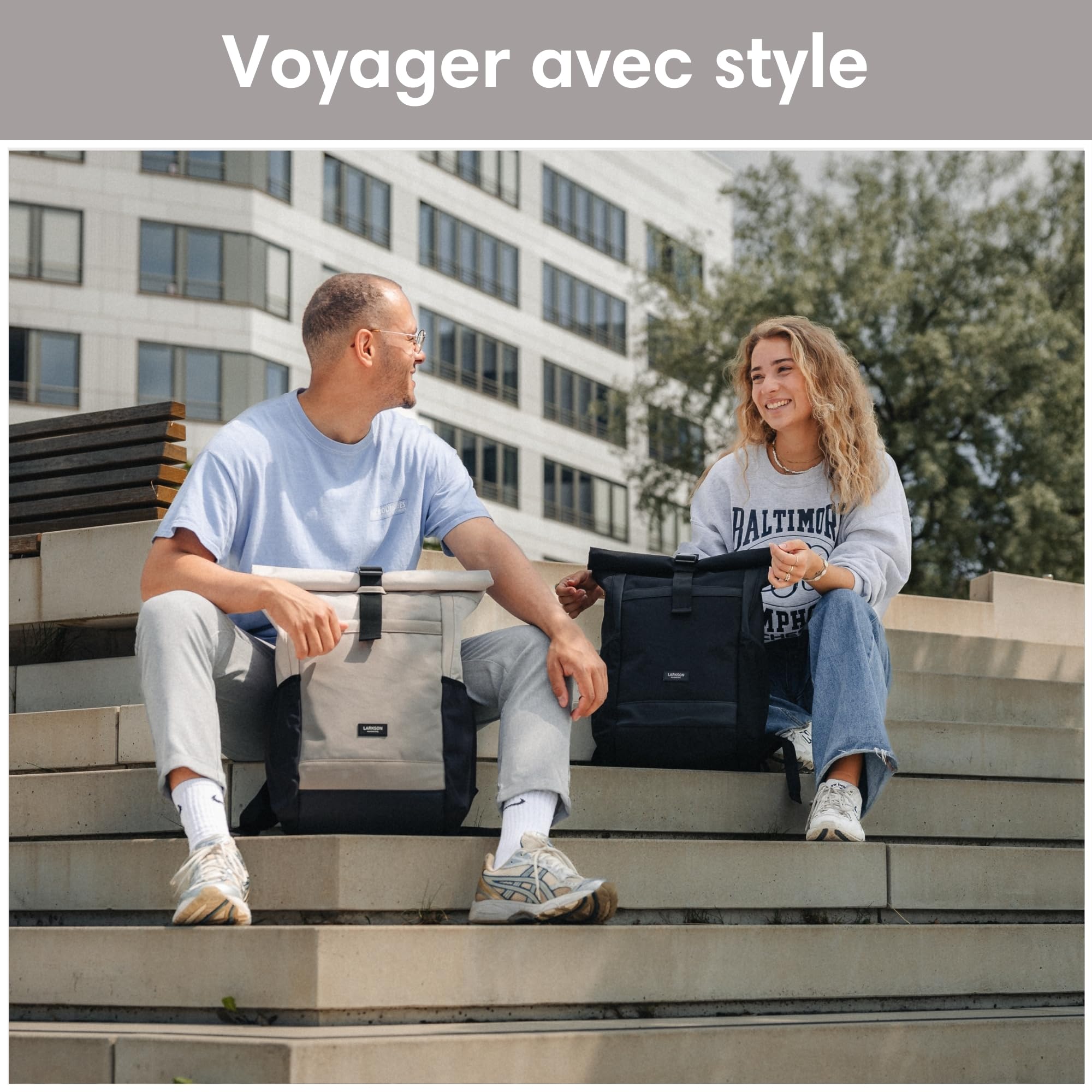 Larkson Sac à Dos Roll Top Femmes & Hommes Beige - No 2 - Backpack pour l'École, l'Université - Compartiment Ordinateur Portable 16 Pouces - Hydrofuge