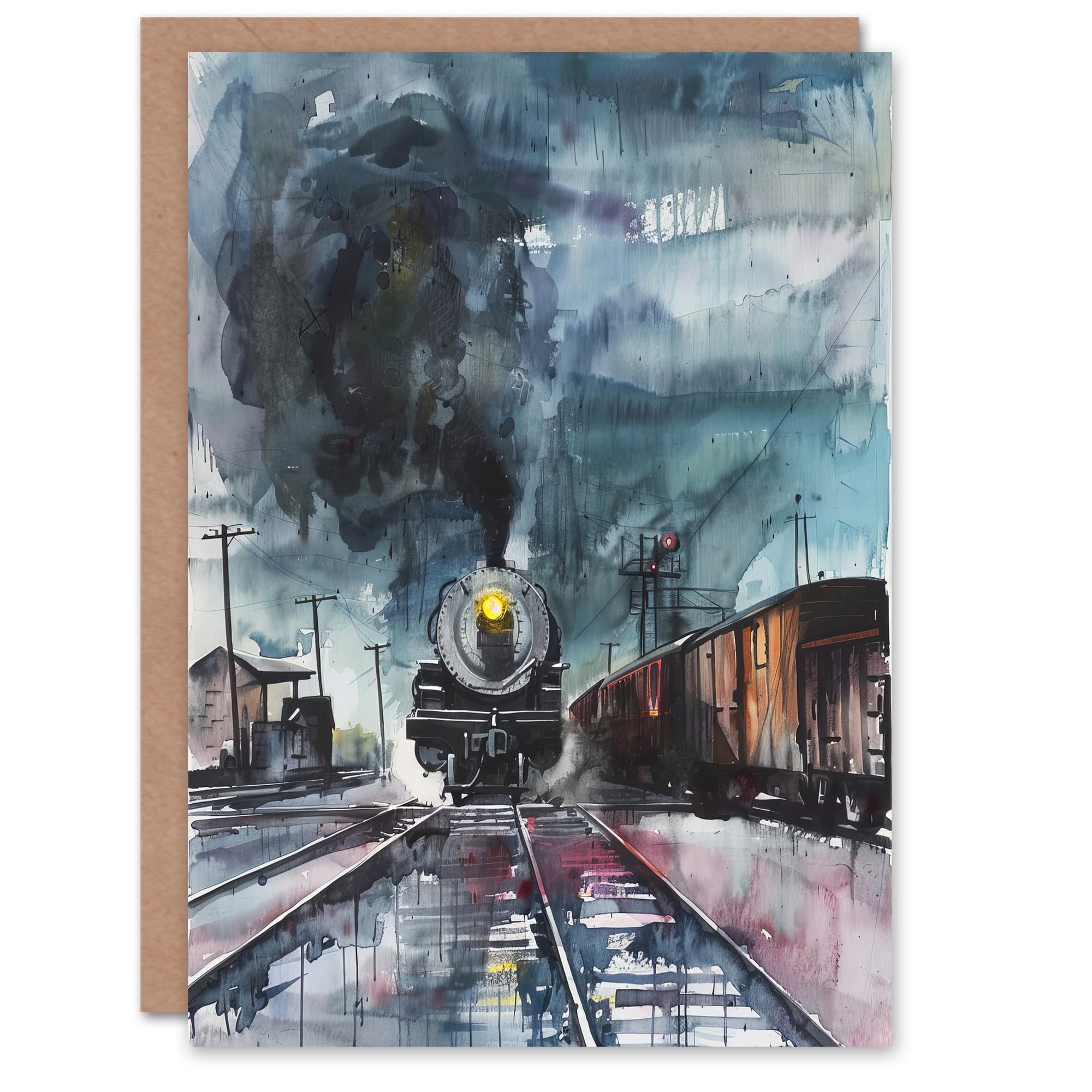 Artery8 Greeting Card Steam Train Arrival Yard Stormy Day Watercolour Blank For Him Or Her Art Birthday Card