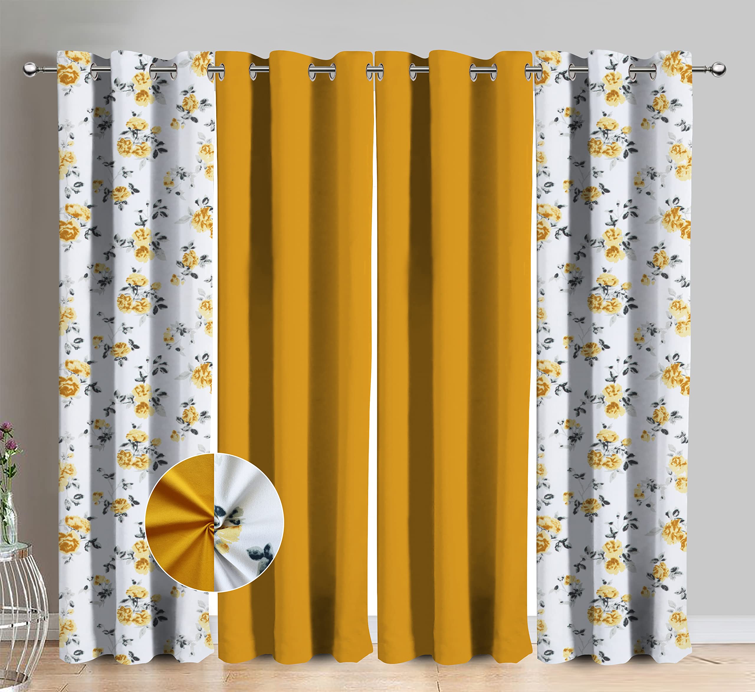 AIRWILL Cotton Elan Flower Floral & Solid Pattern Long Door Curtains 275 / 9ft Length - (Yellow, Pack of 4, Room Darkening;Washable)-picture-29