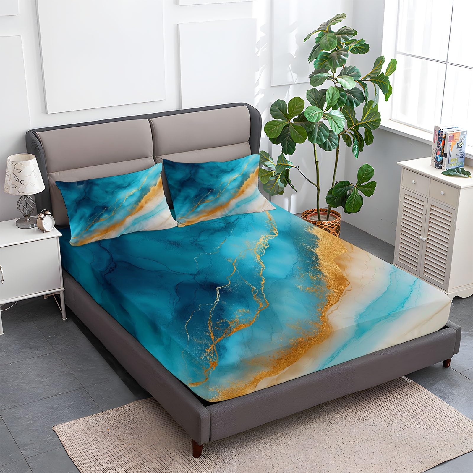 Lapis Cyan Tinte Strand Bedruckte Spannbettlaken 180 x 200 cm, Weiche Atmungsaktivem Tiefe Tasche Spannbetttuch knitterfrei bequem Marmor für Bettw Sche Matratzen bis 30 cm