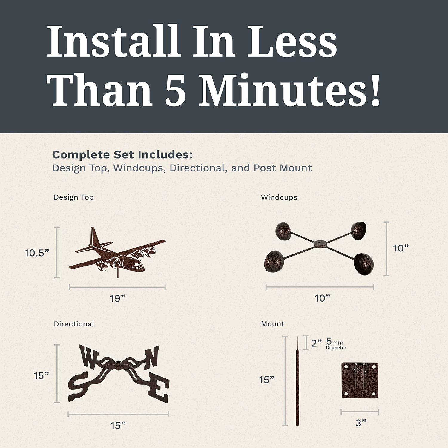 Vane Steel C130 Airplane Weathervane 21” Height, Includes Metal Post Mount, Wind Cups & Brackets | Hand-Crafted and Family-Owned, Made in The USA with Triple Powder Coating, L