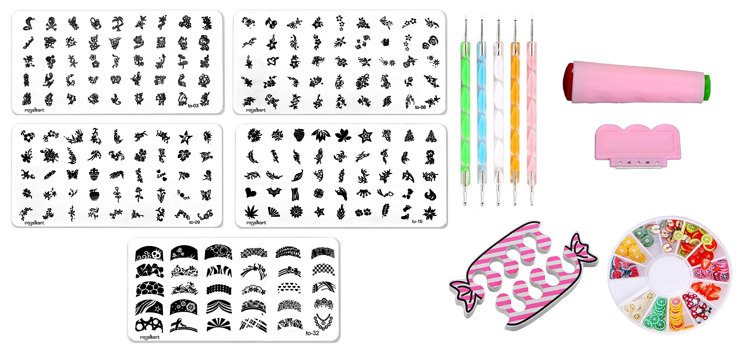RoyalkartMaster Nail Art Kit: 5 Image Plates with Double Sided Nail Stamper and Scrapper, Dotting Tools,1 3D Fruit Design Clay Wheel, Multicolour