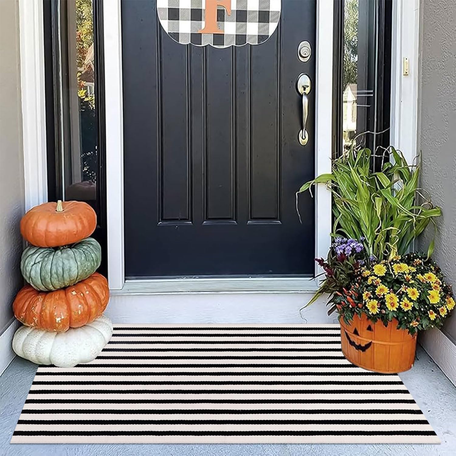 Indoor Outdoor Rug 3x5 Front Door Mat Outdoor Cotton Welcome Mat Outdoor Farmhouse Layered Mat Washable Stripe Outdoor Mats for Entrance Front Door Porch Balcony(Black/Tan) — view 15