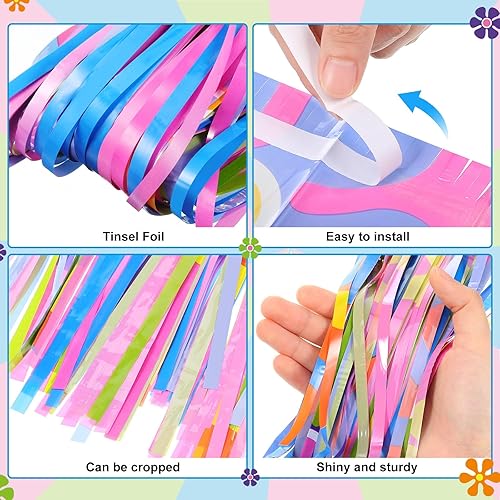 Miniatura 2 de Paquete de 2 cortinas de flecos de papel de aluminio hippie Groovy para decoración de fiestas, 3.3 x 6.6 pies, estilo retro, teñido anudado, telón