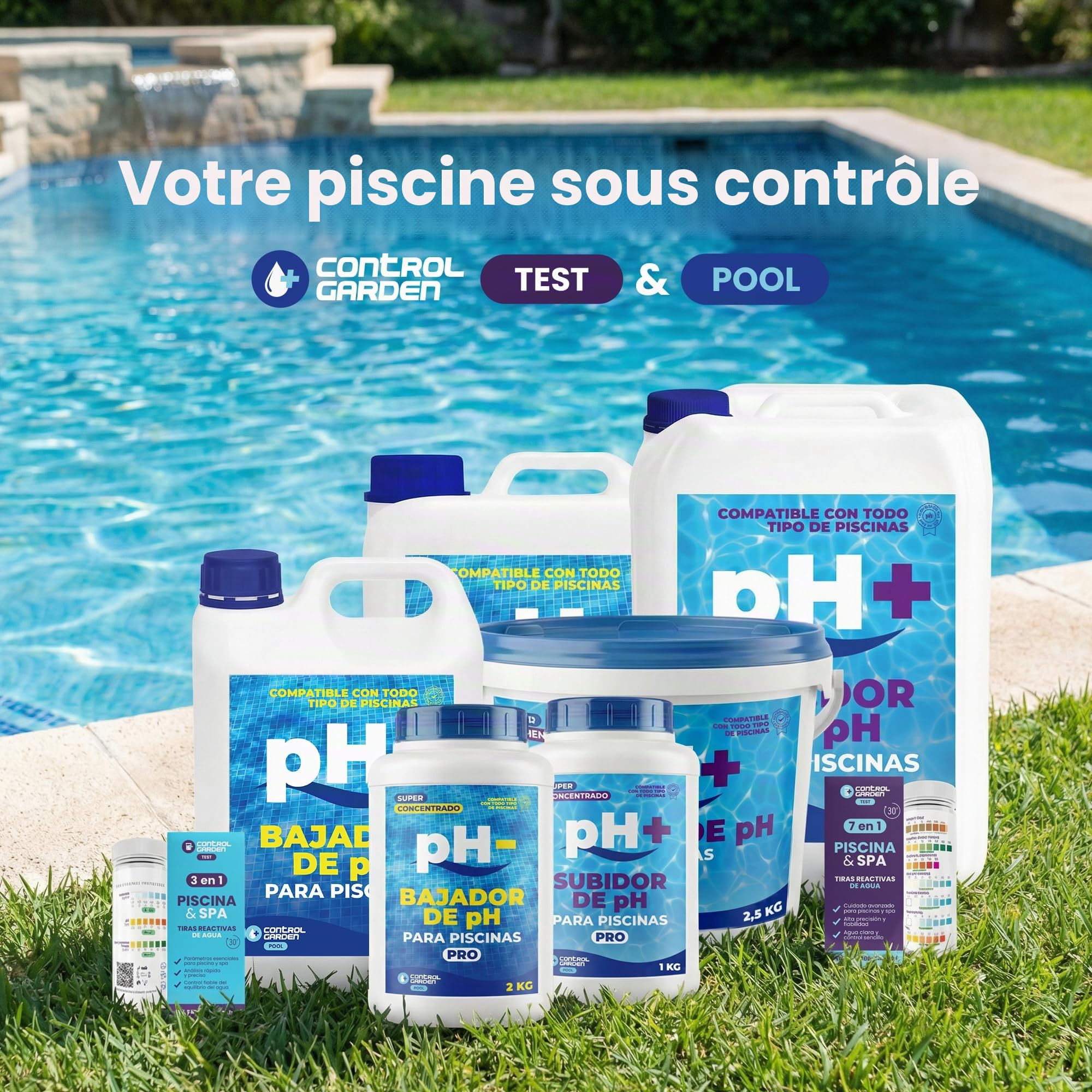 CONTROL GARDEN 160 bandelettes de test pH 3 en 1 | Test pour piscine et spa | Testeur de pH, brome et alcalinité totale de l'eau de baignade | Analyse rapide en 30 secondes | Contrôle précis