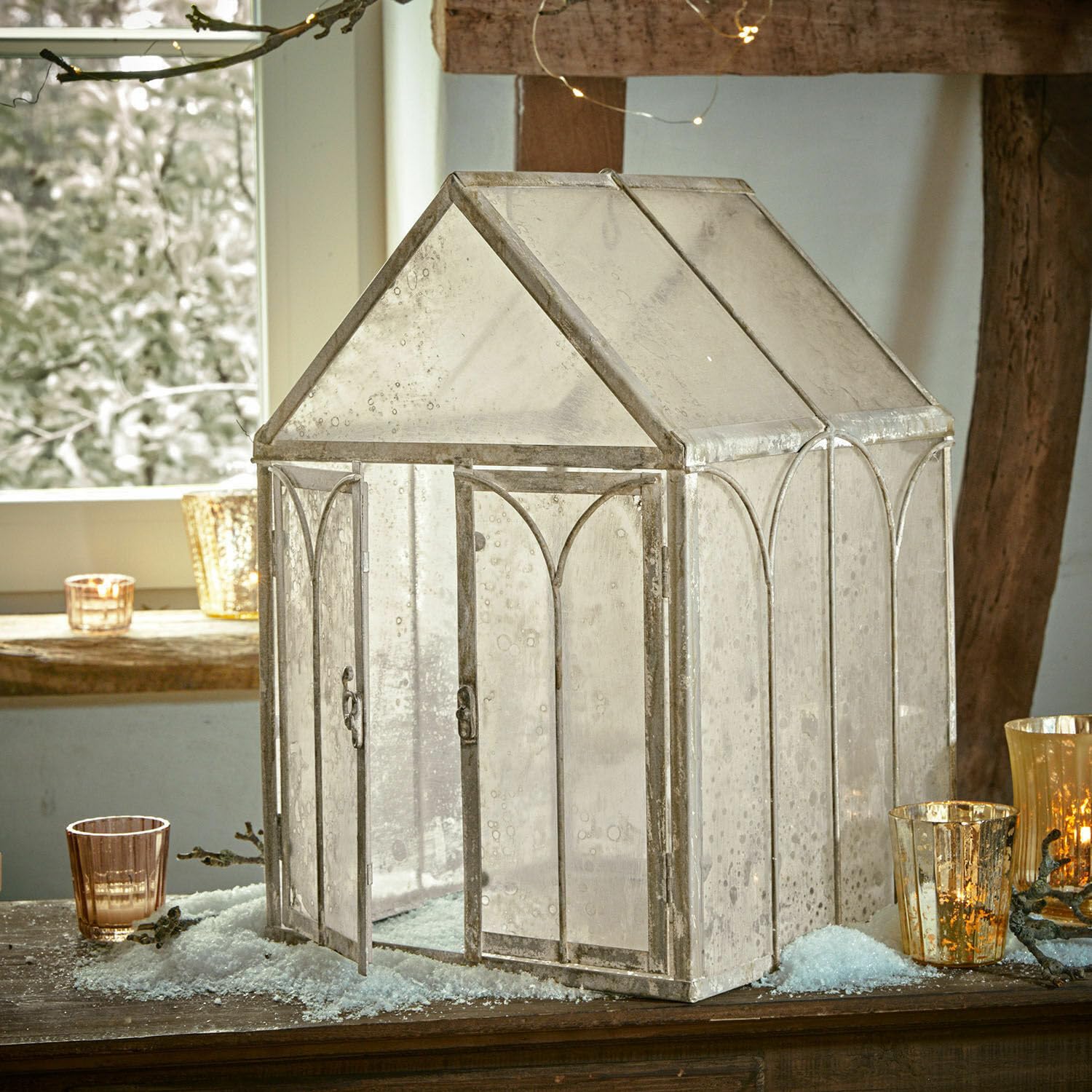 Loberon Bellunas Maison décorative - Métal à l’Effet Vieilli - Vitres en Verre Acrylique Robuste, Gris Vieilli