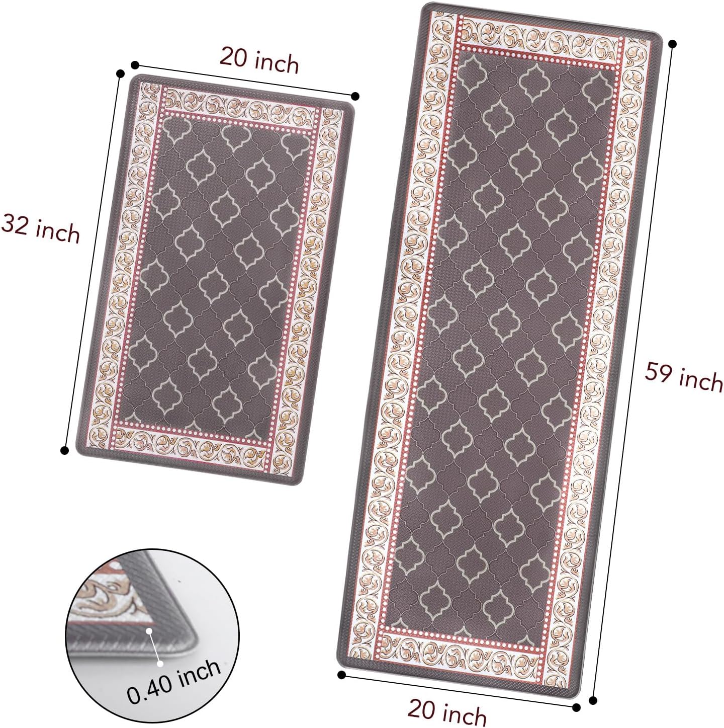 ROTTOGOON Kitchen Floor Mat Set of 2, Cushioned Anti Fatigue Kitchen Mat 20"x32"+20"x59", Non-Slip Waterproof Kitchen Rug, Premium PVC Comfort Kitchen Mats and Rugs for Kitchen, Office, Home, Laundry