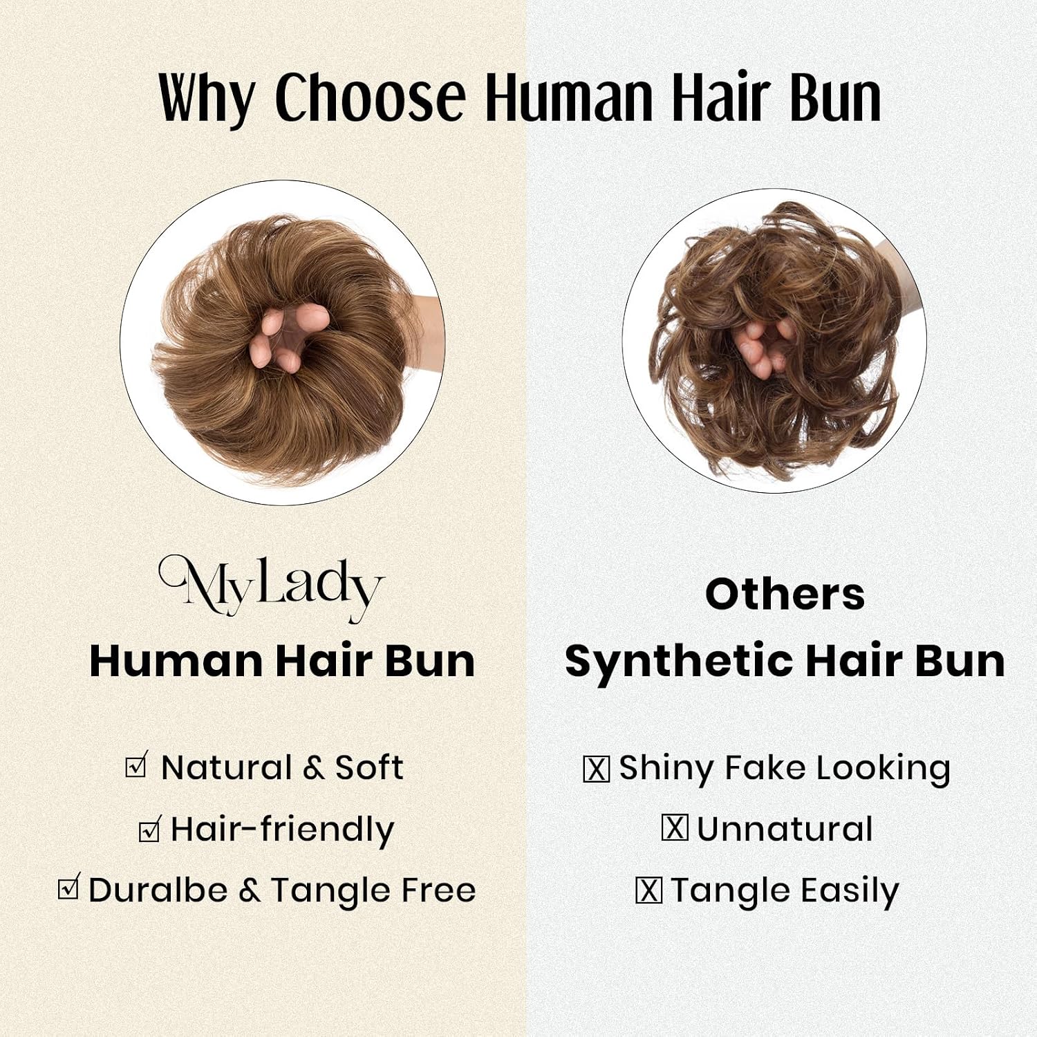 MY-LADY Messy Bun Hair Pieces Human Hair for Women Real Hairpiece Wavy Scrunchies Tousled Updo Donut Chignon Ponytail Extension Golden Brown & Bleach Blonde